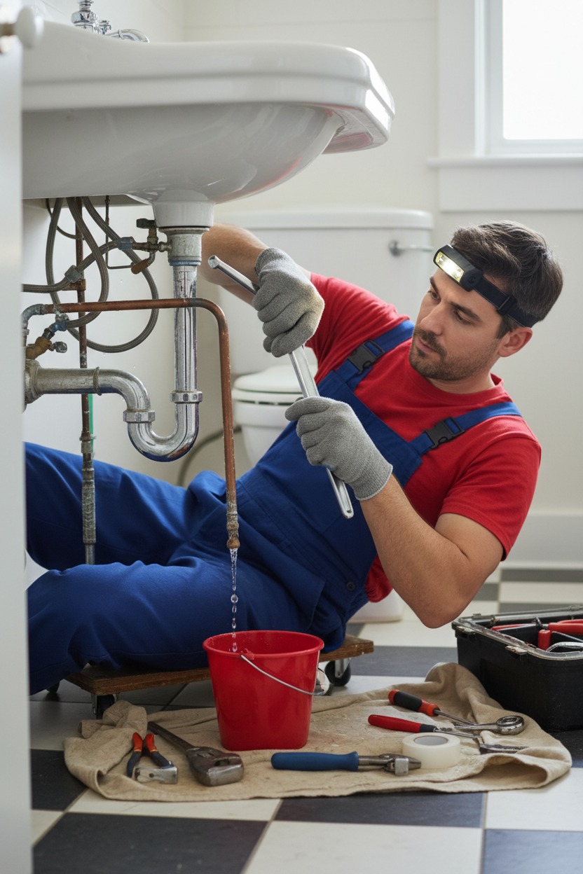 Un fontanero con linterna frontal repara una tubería debajo de un lavabo mientras el agua gotea en un cubo rojo.
