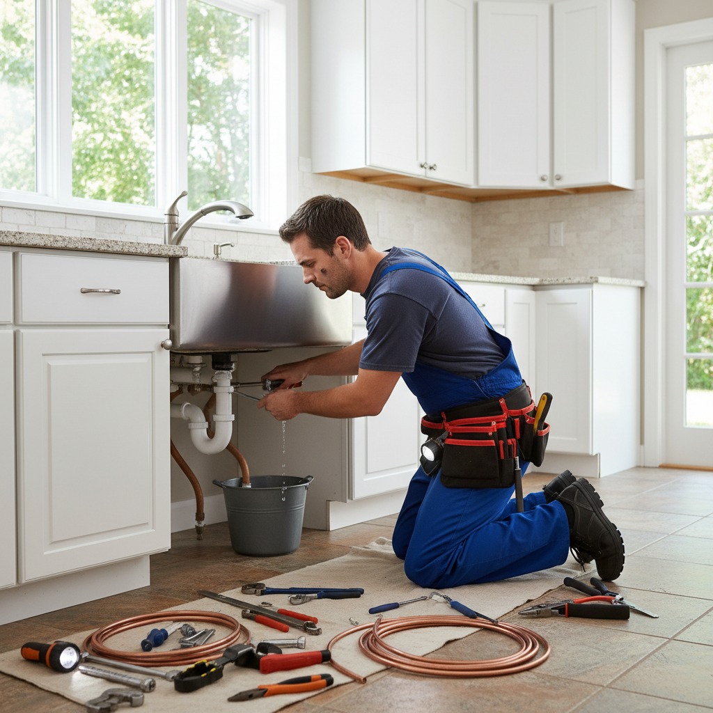 Un fontanero arrodillado repara una fuga de agua debajo del fregadero de una cocina con sus herramientas extendidas en el suelo.