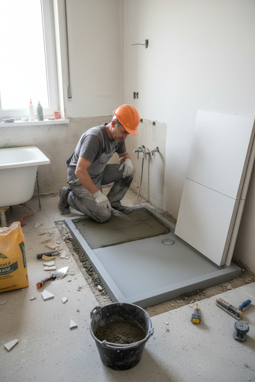 Un trabajador con casco naranja extiende cemento con una paleta sobre la base de una ducha en un baño en construcción.