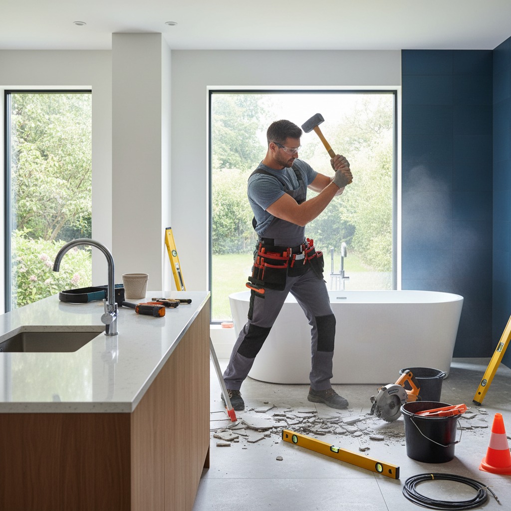 Un trabajador con ropa de obra utiliza un mazo para romper el suelo de un baño en proceso de reforma.