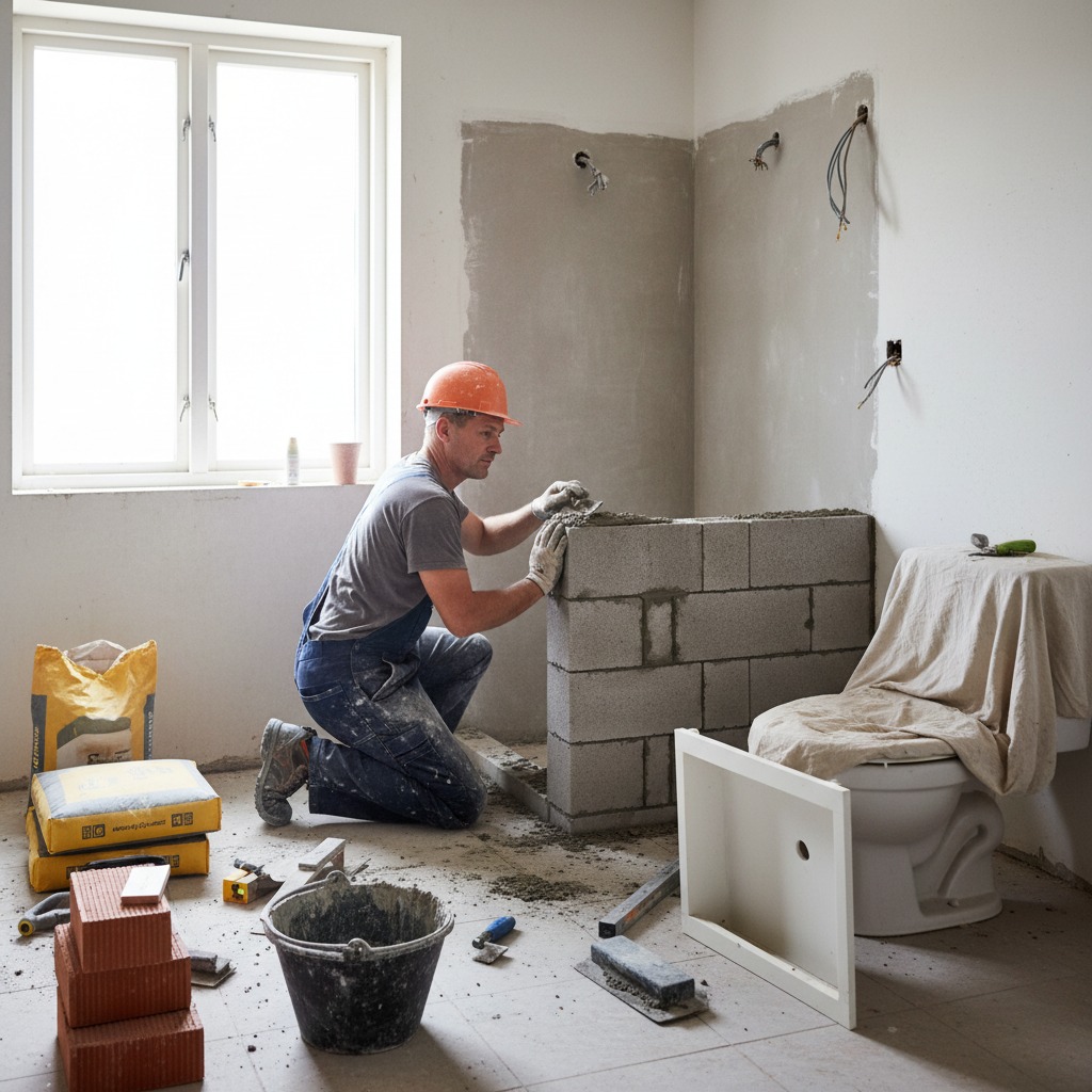 Un trabajador de la construcción con casco naranja coloca bloques de hormigón en un baño en proceso de reforma.