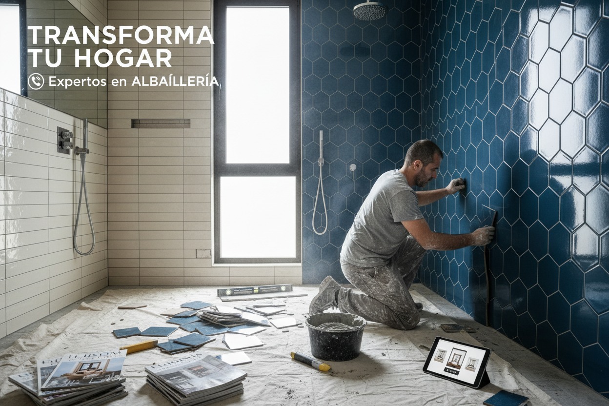 Un albañil coloca azulejos hexagonales de color azul en la pared de un baño en proceso de reforma.