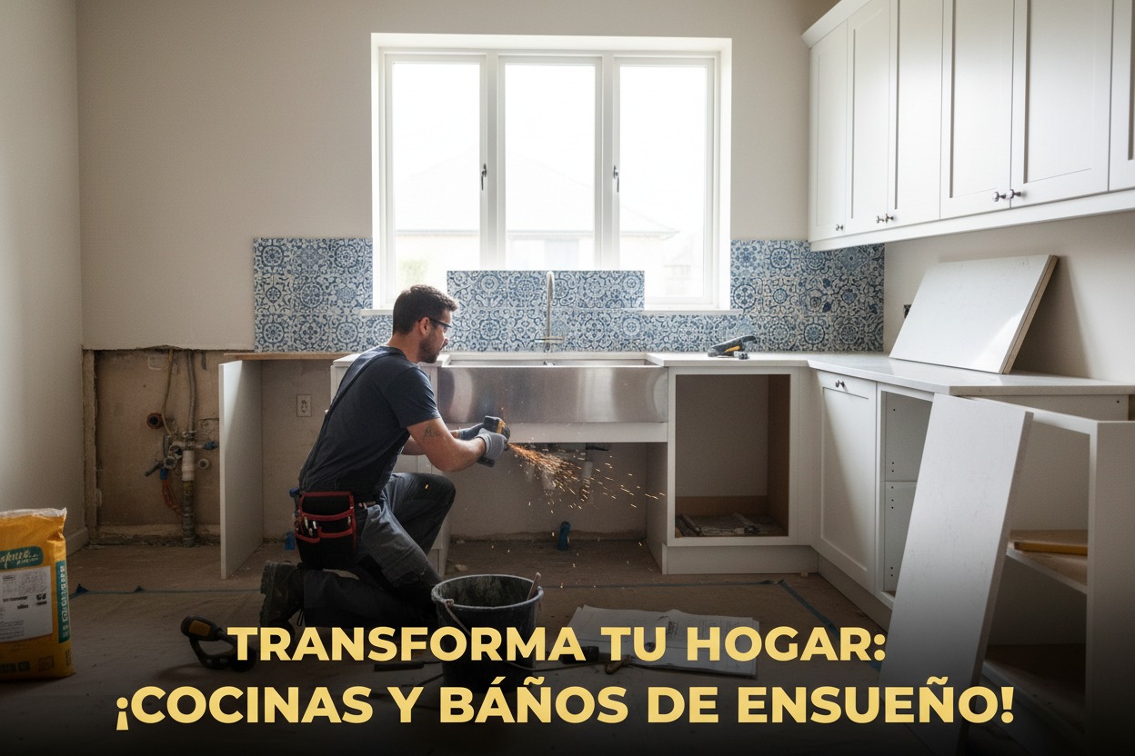 Un trabajador arrodillado corta una tubería bajo el fregadero de una cocina en proceso de reforma.