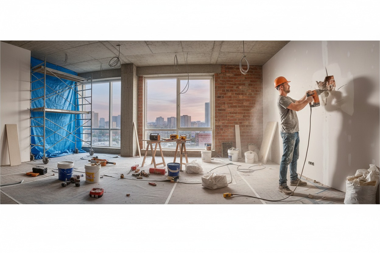 Un trabajador con casco utiliza un martillo percutor para demoler una pared en una obra en construcción con andamios y herramientas esparcidas.
